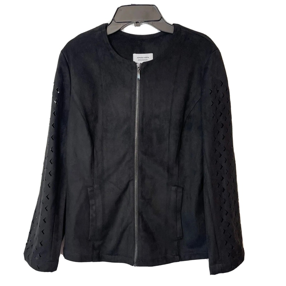 Azmara‎ Asefa Full Zip Bomber Jacket Womens S Black Faux Suede Laser Cut Pockets